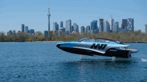 Envgo electric hydrofoiling boat seen on water