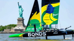 SailGP boat Flying Roos passed Statue of Liberty to celebrate Bonds sponsorship and ownership by High Jackman and Ryan Reynolds