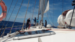 aerial view of yacht bow with sailors involved in Ocean Cleanup as those travelling in Pacific asked to carry AI cameras and gps tracking devices to map garbage patch