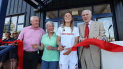 Buckler’s Hard boatshed: Official opening of the Buckler's Hard Yacht Harbour boatshed. Newest mooring holder Dewi Thomas, longest serving mooring holder Joanne Husband, Olympian Vita Heathcote and Lord Montagu.