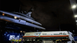Rumoured Bill Gates superyacht Breakthrough fills with hydrogen. Image courtesy of Port of Amsterdam
