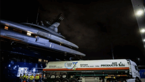 Rumoured Bill Gates superyacht Breakthrough fills with hydrogen. Image courtesy of Port of Amsterdam