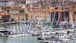 Boats moored on pontoons for Venice Boat Show
