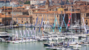 Boats moored on pontoons for Venice Boat Show