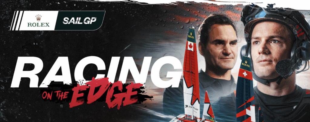 SailGP-Promo-Poster für Racing on the Edge mit Roger Federer