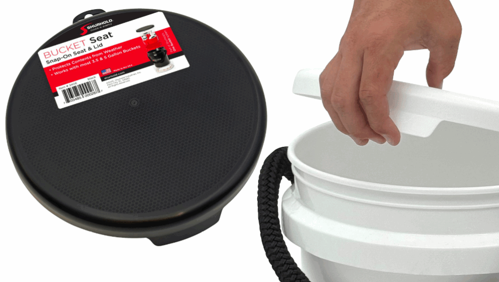 A bucket lid next to a bucket with a man's hand. This is Shurhold's bucket lid seat which also acts as a seat for boaters