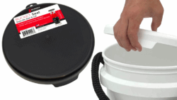 A bucket lid next to a bucket with a man's hand. This is Shurhold's bucket lid seat which also acts as a seat for boaters