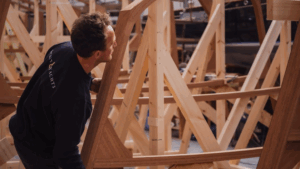 wooden basis of Spirit Yachts's P50 Coupe motor yacht inside shed