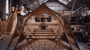 wooden structure of P50 being built at Spirit Yachts