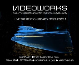 Graphic promoting Videoworks services: audio, video, lighting, IT, connectivity and security, emphasising "Live the best on board experience!"