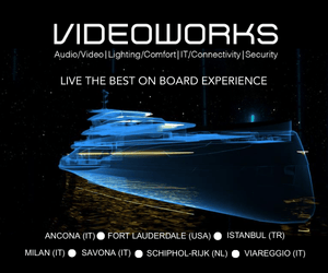 Graphic promoting Videoworks services: audio, video, lighting, IT, connectivity, and security, emphasising "Live the best on board experience!"