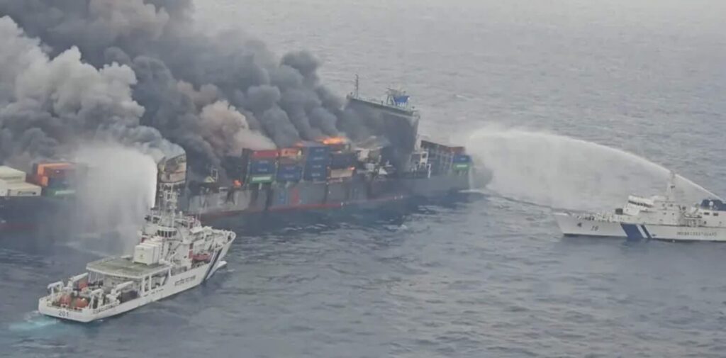 cargo ship MV Wan Hai 503 on fire