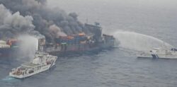 cargo ship MV Wan Hai 503 on fire