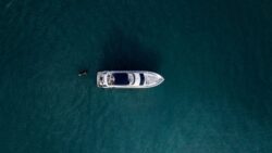 aerial view of white motor yacht