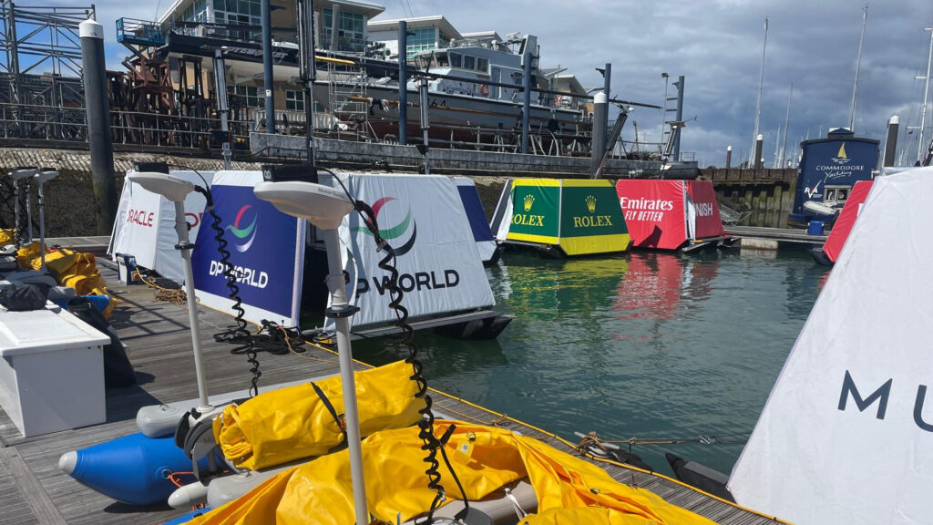 SailGP race markers at Endeavour Quay in the water after construction