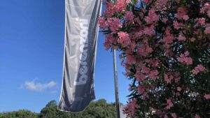 flag outside Besenzoni with pink flowers