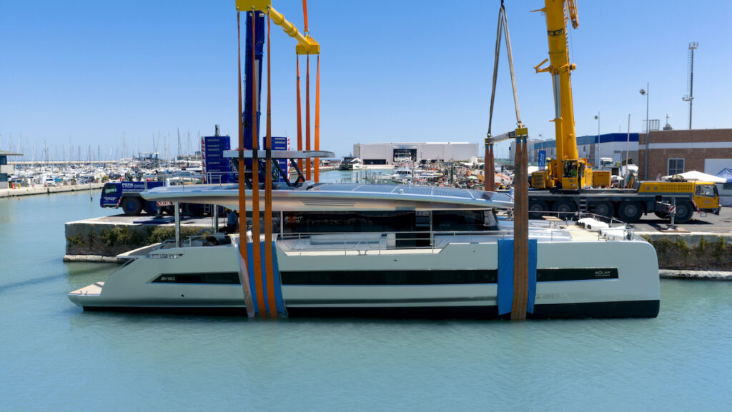 SilentYachts SY80 80ft catamaran in boat yard hoist