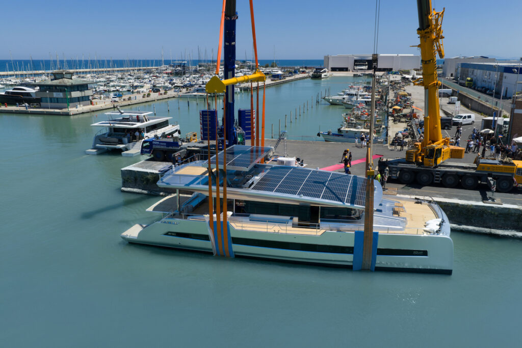 SilentYachts SY80 catamaran at boatyard harbour