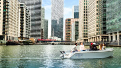 GoBoat UK operating boat with electric Torqueedo outboard on London's Thames business district