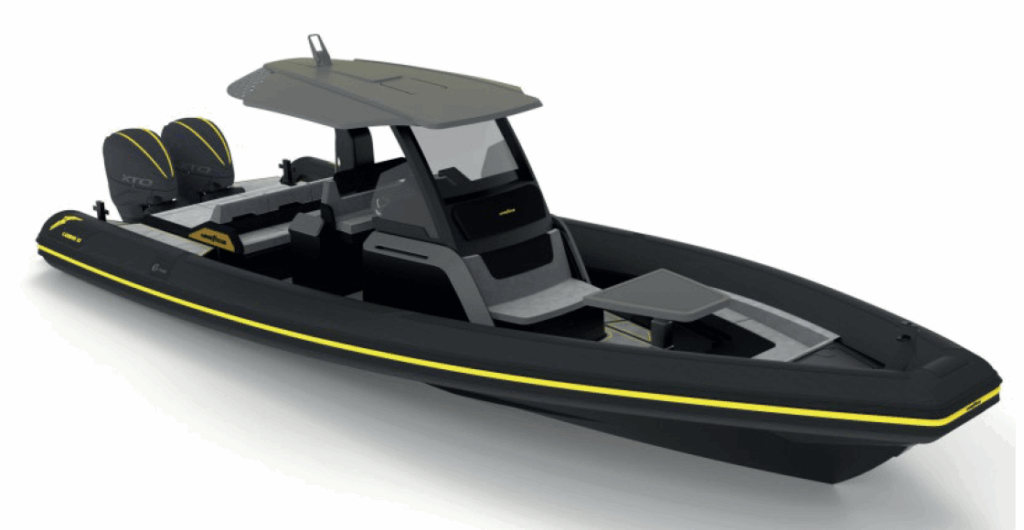 Rendering of black RIB boat with yellow strake
