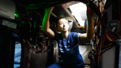 Sailor inside boat looking up into sunshine