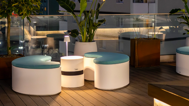 rounded stools with blue cushions part of Nauty's range from Gallinea