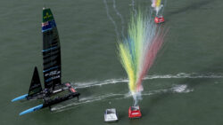 New Zealand's Black Foils SailGP boat crosses the finish line first