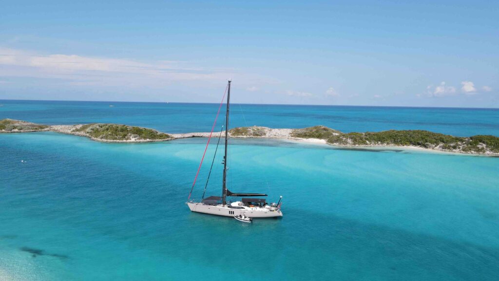 Oyster Yachts catamran in turqouise waters off Bahamas