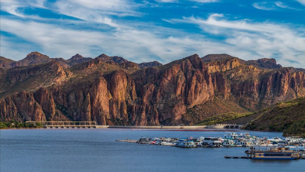 Saguaro Lake Marina in Arizona with mountain backdrop