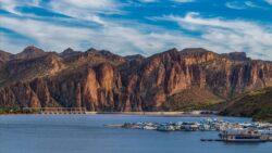 Saguaro Lake Marina in Arizona with mountain backdrop
