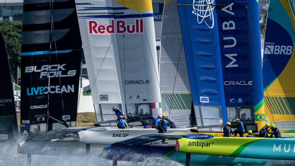 Red Bull Italy SailGP Team helmed by Ruggero Tita, New Zealand SailGP Team helmed by Peter Burling and Mubadala Brazil SailGP Team helmed by Martine Grael in action on Race Day 1 of The Rolex SailGP 2025 Championship ITM New Zealand Sail Grand Prix in Auckland, New Zealand. Saturday 18 January 2025. Photo: Ricardo Pinto for SailGP. Handout image supplied by SailGP
