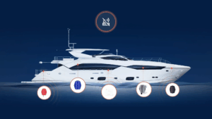 a render of white motor yacht with new safety system labelled