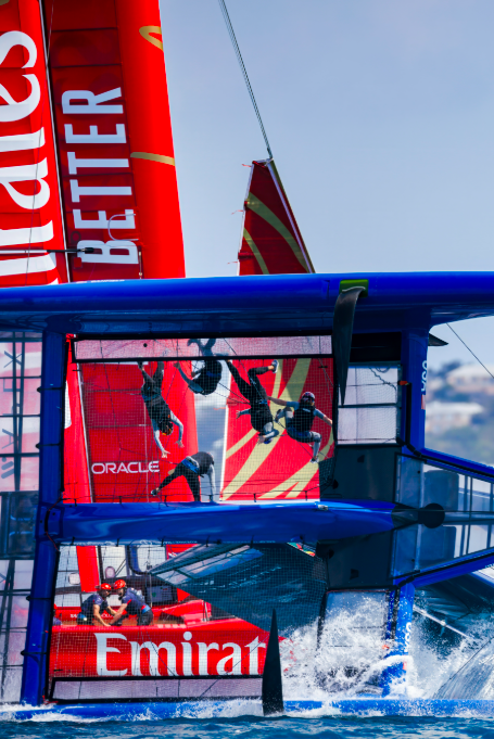 US SailGP sailors take a tumble and are seen falling from boat into water