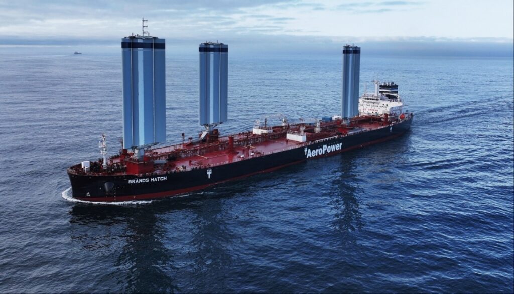Aframax tanker ship with sails