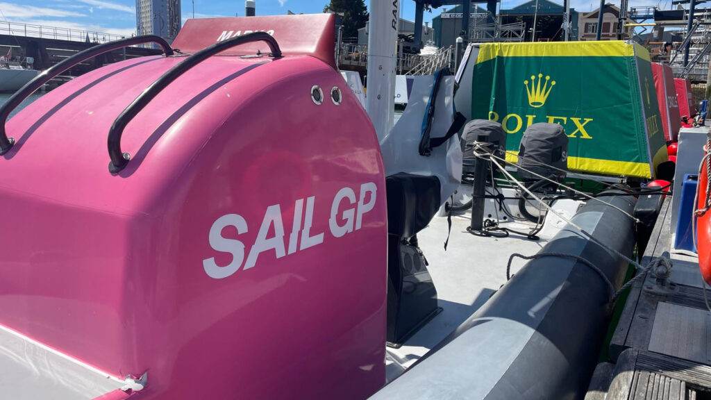 work boat for SailGP with bright pink decor
