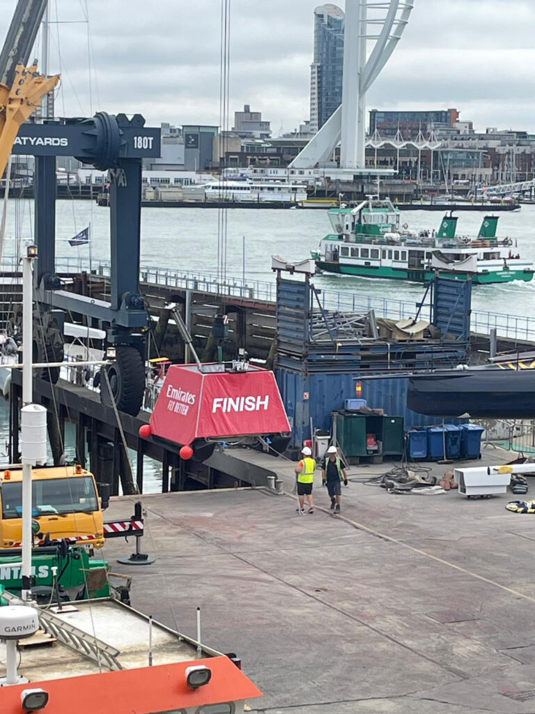 SailGP finish marker being moved at Endeavour Quay