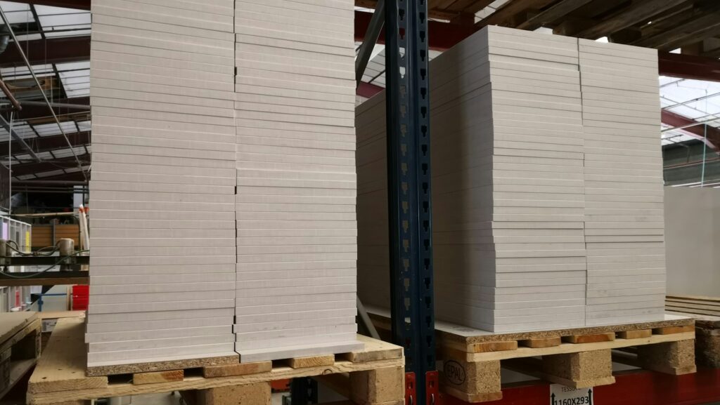 Wood on palettes in a factory