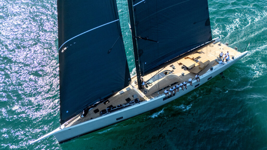 Aerial view of wallwind110 undersail - beautiful yacht with black sails