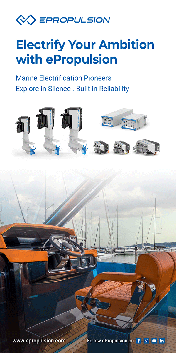 A motorboat interior showcasing ePropulsion electric motors and systems, promoting silent and reliable marine exploration.