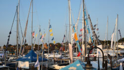 boats lining waterfront at Newport boat show