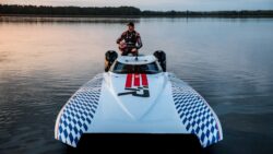 Travis Pastrana goes full throttle at Lake X test driving Mercury Racing's new 300 R and 300 ROS models. Source Brunswick Corporation