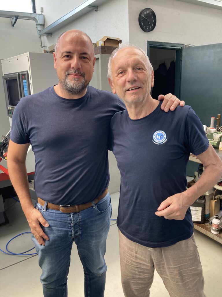 Gianni Zucco and his father inside HP Watermakers' factory