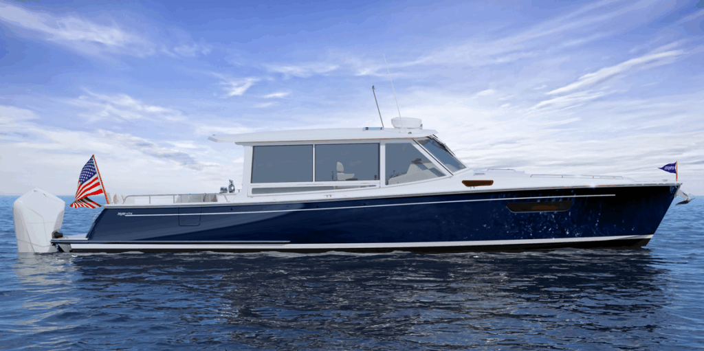 MJM 47X side view dark blue hull white roof. This is one of MJM Yachts' vessels. From 2026, all models will be offered with Seakeeper gyro stabiliser