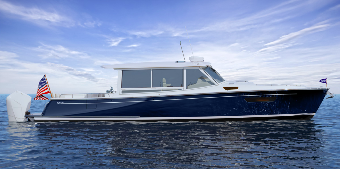 MJM 47X side view dark blue hull white roof. This is one of MJM Yachts' vessels. From 2026, all models will be offered with Seakeeper gyro stabiliser