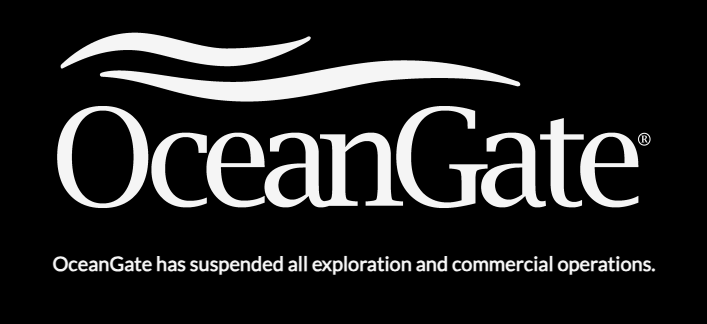 Black and white screen grab of Oceangate's website which says it has suspended all activities