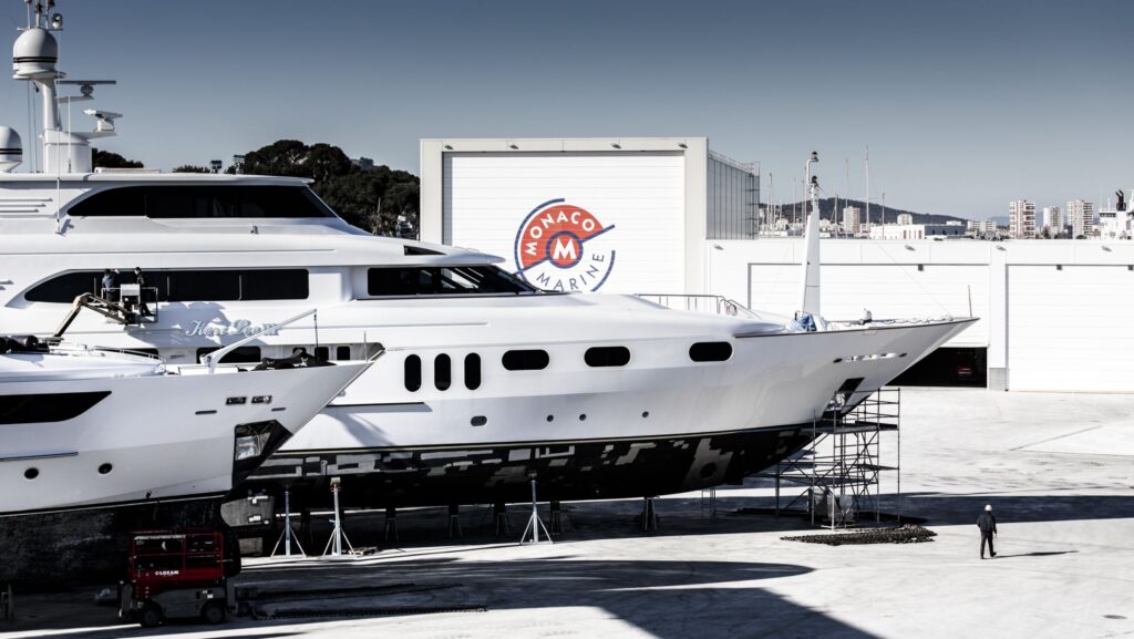 Luxury yachts on the hard at boat yard