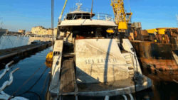 Filthy superyacht lifted from water in St Tropez. It's Sea Lady II which sank in July 2025