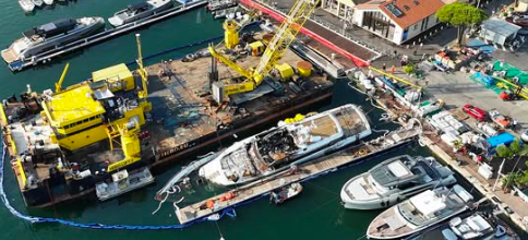 aerial view of superyacht lifted from water in St Tropez. It's Sea Lady II which sank in July 2025