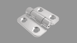 A silver hinge displayed on a grey backdrop. This is the T6 friction hinge from Southco