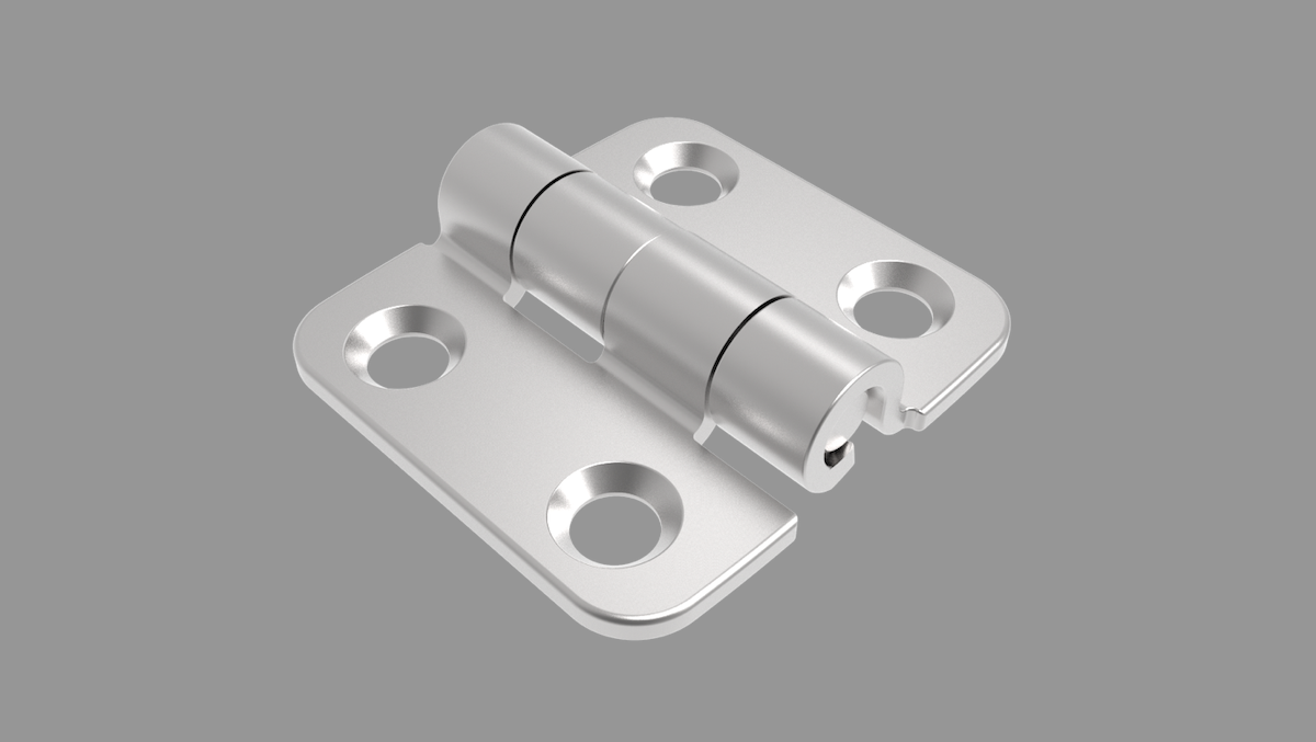 A silver hinge displayed on a grey backdrop. This is the T6 friction hinge from Southco